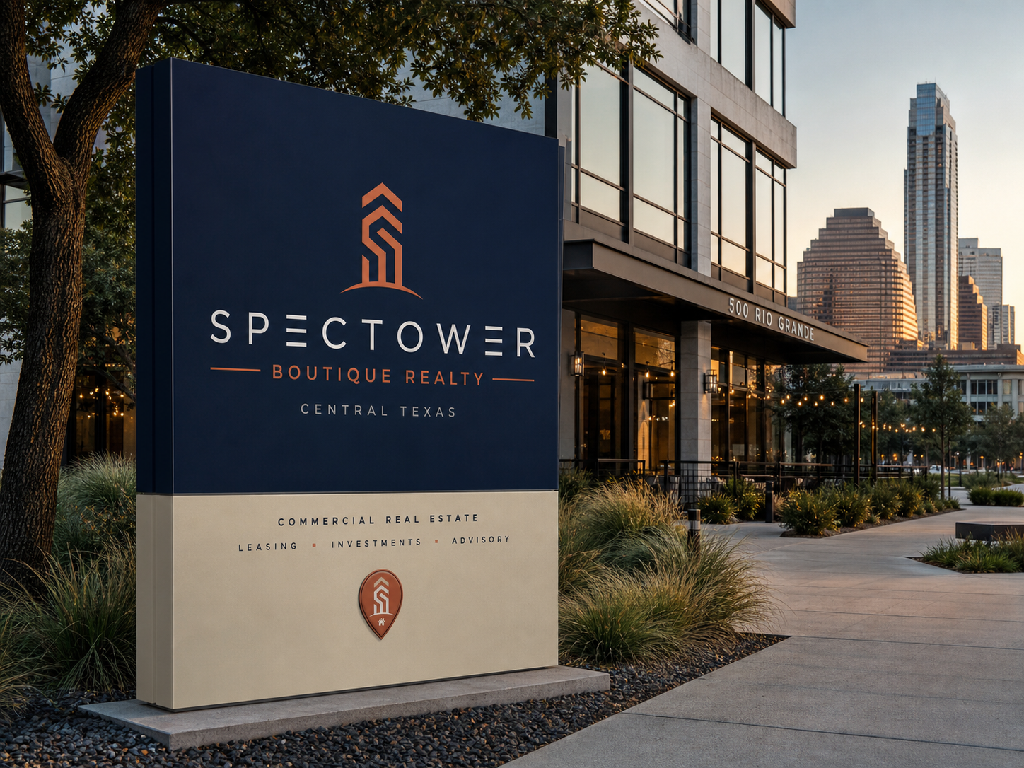 SpecTower Boutique Realty monument sign, downtown Austin