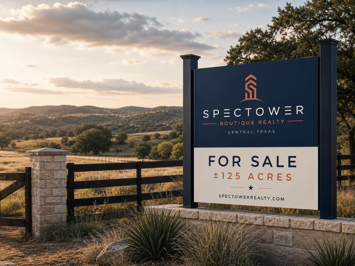SpecTower land for-sale sign on a Central Texas ranch
