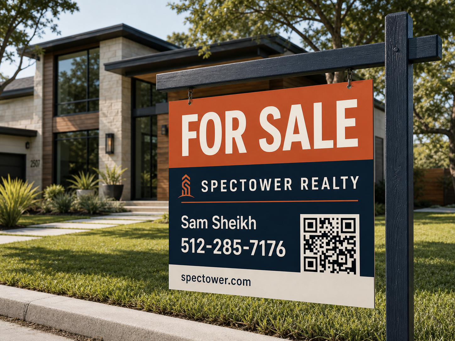SpecTower for-sale sign at an Austin home